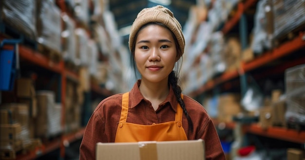 a woman holding a box in a warehouse