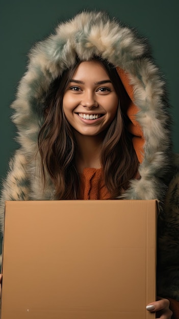 Woman holding a box in winter clothes