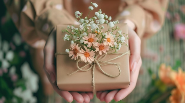 Photo woman holding a box with flowers on womens day celebration