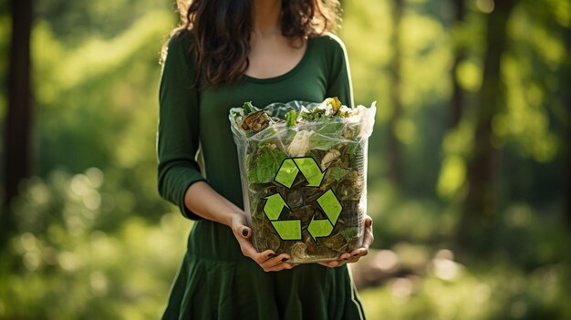 Foto donna che tiene una scatola con un concetto di riciclaggio dei rifiuti su una natura forestale ecologia di sfondo verde