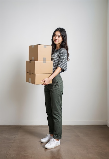 Photo a woman holding boxes that say shes holding up