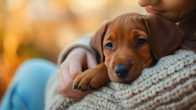 Foto donna che tiene un cucciolo marrone