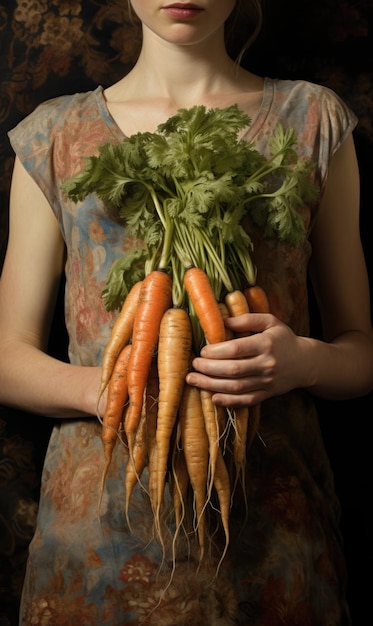 Photo woman holding a bunch of carrots