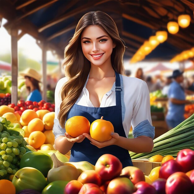 시장 앞에서 과일 다발을 들고 있는 여자.