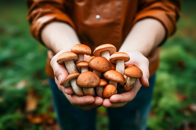 Photo a woman holding a bunch of mushrooms in her hands