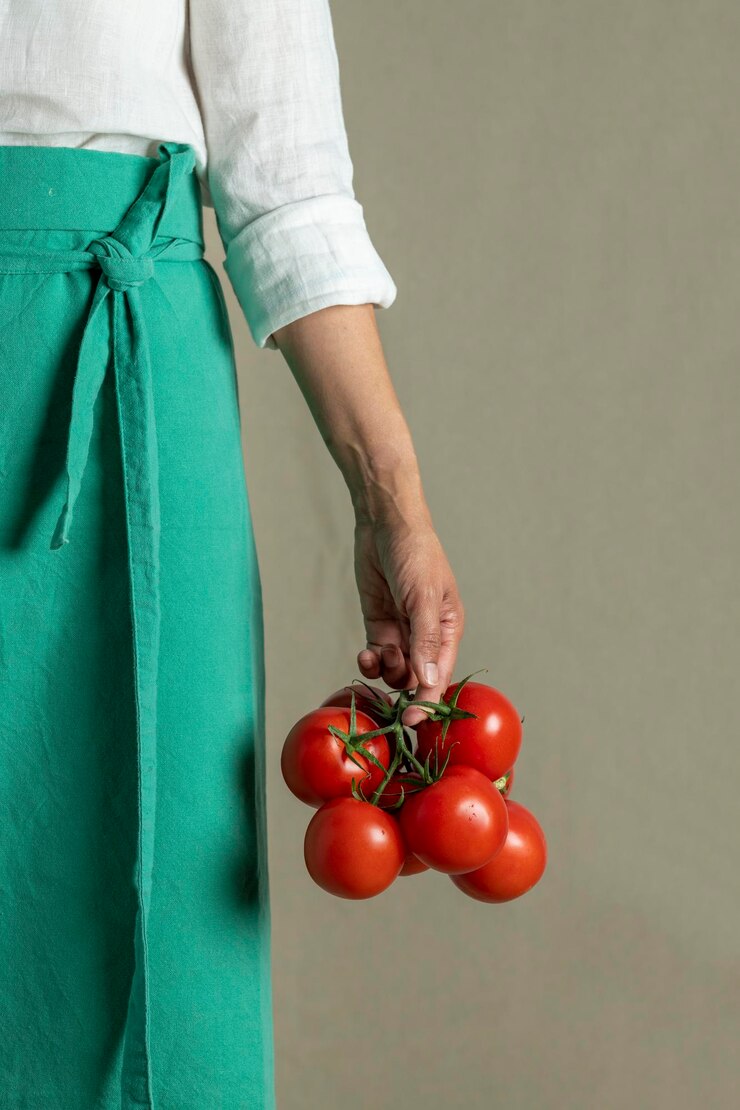 Woman holding bunch of vine tomatoes stock photo