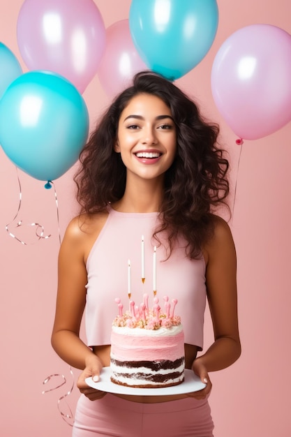 Photo woman holding cake with candles and balloons in the background generative ai