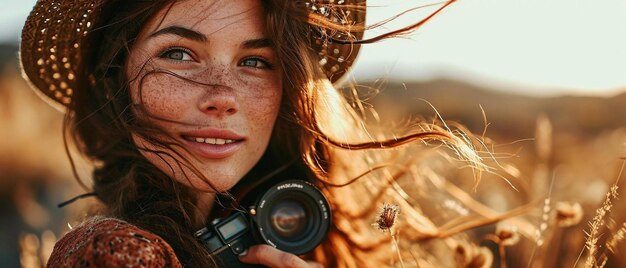 Photo a woman holding a camera in a field