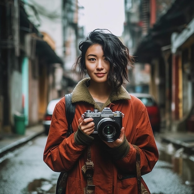 A woman holding a camera in front of a building