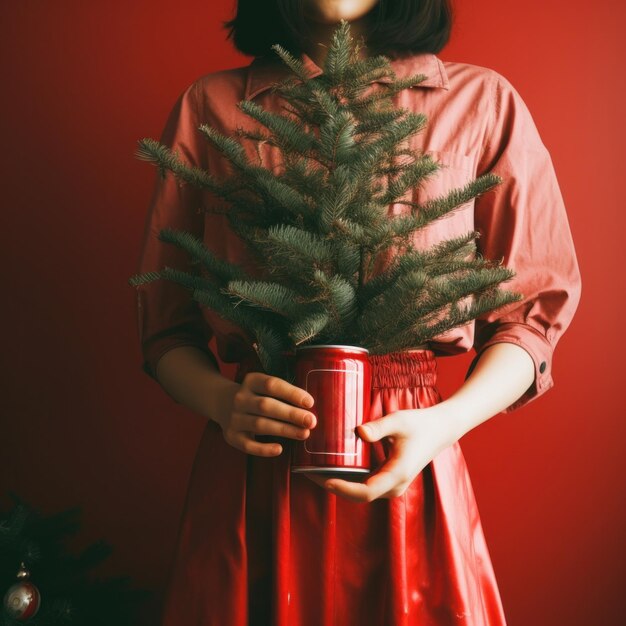 a woman holding a can holding a christmas tree