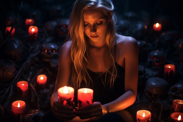 a woman holding a candle in front of a group of skulls