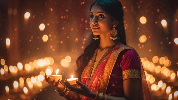 A woman holding candles in the dark