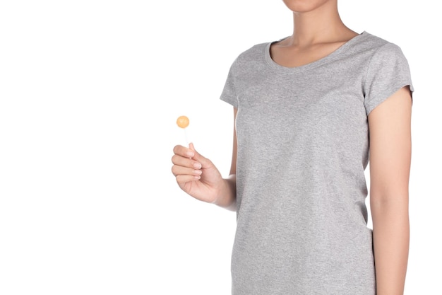 Woman holding candy  isolated on white background