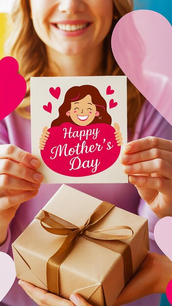 a woman holding a card that says happy mothers day