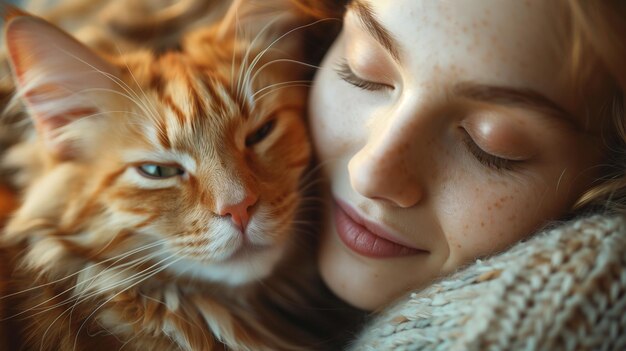 Photo woman holding cat in arms generative ai