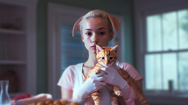 A woman holding a cat in front of a plate of eggs