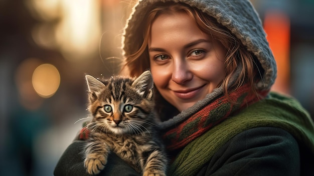 A woman holding a cat in her arms