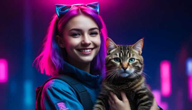 a woman holding a cat that has a purple light on it national pet month