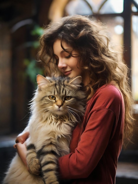 a woman holding a cat that has the word quot on it quot