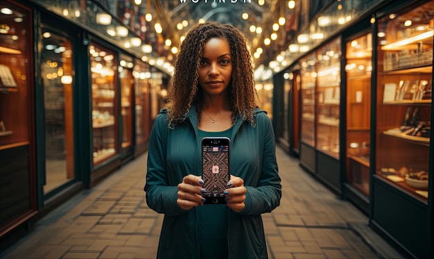 Woman Holding Cell Phone in Store