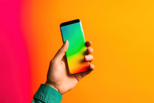 A woman holding a cell phone with a green screen against a colorful background