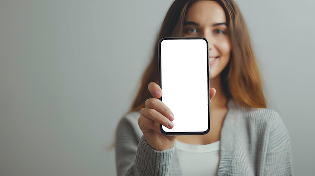 Woman holding cell phone with white