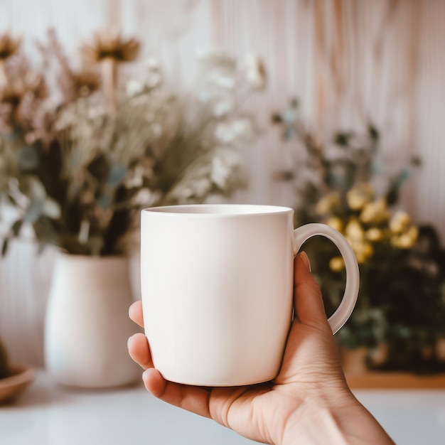 Woman holding ceramic cup mockup for design