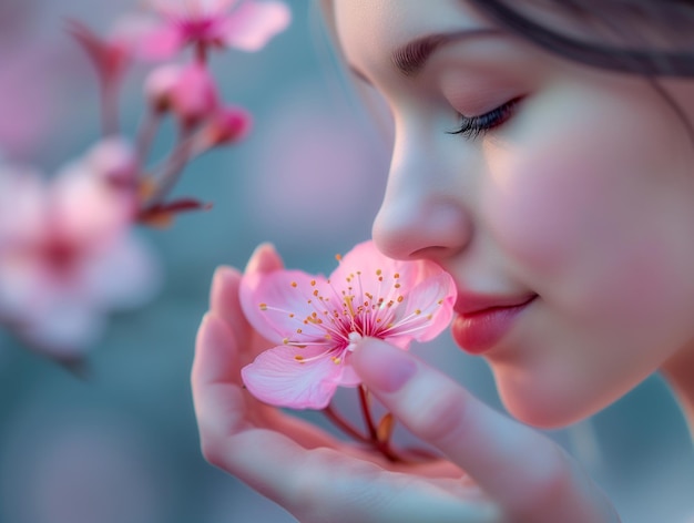 Woman holding cherry blossom flower