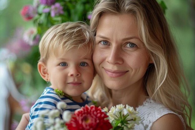 Foto una donna con un bambino e un bouquet di fiori