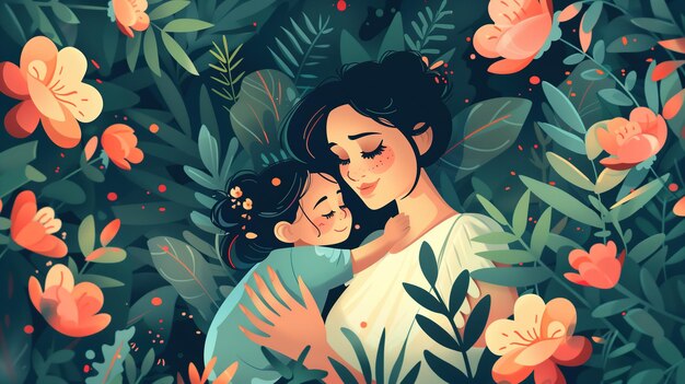 Woman holding child in field of flowers