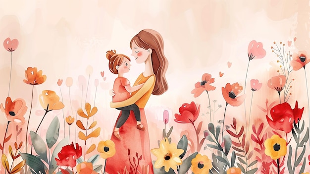 花の畑で子供を抱いている女性