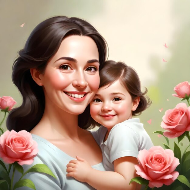 a woman holding a child and a picture of roses