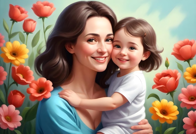 a woman holding a child and smiling with flowers in the background