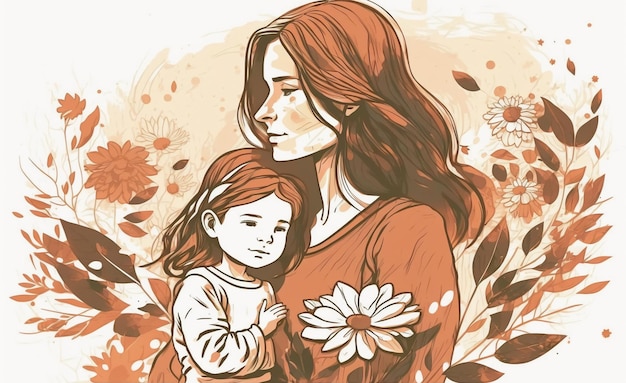 A woman holding a child with flowers on the background