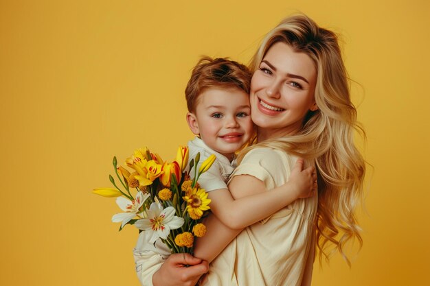 a woman holding a child and a yellow background
