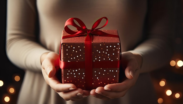 Woman holding christmas gift box in hands