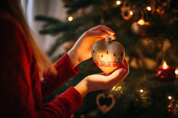 Photo woman holding christmas ornament in front of tree