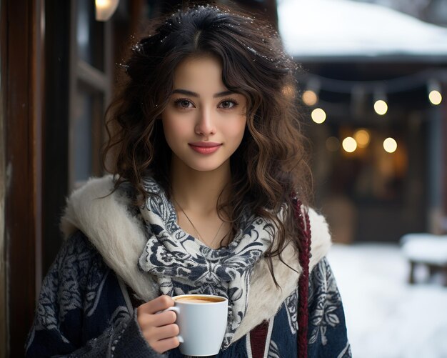 コーヒーの写真を自宅の外でコーヒーカップを握っている女性