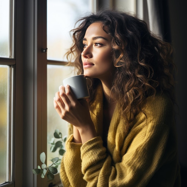 Женщина с кружкой с кофе и смотрит в окно