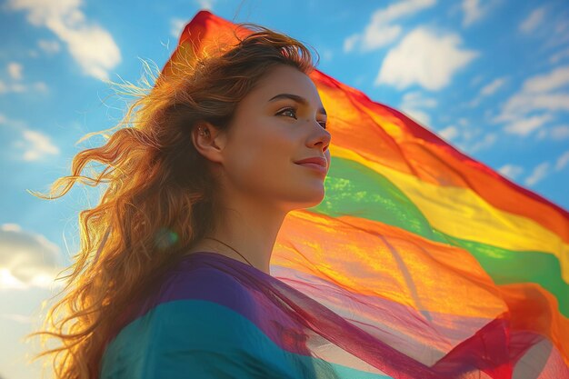 Foto donna con una bandiera arcobaleno colorata