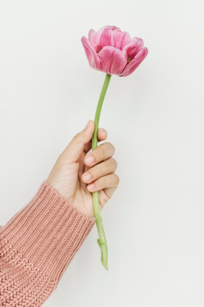 Photo woman holding a coral sunset peony