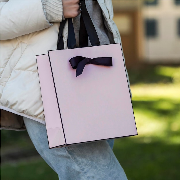 Woman holding craft shopping paper bag