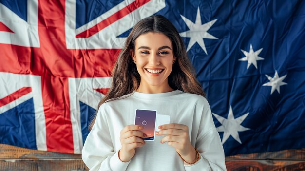 Photo a woman holding a credit card and a credit card in front of a flag