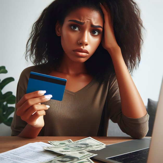 Woman holding credit card worried about the expend pay bills online use laptop