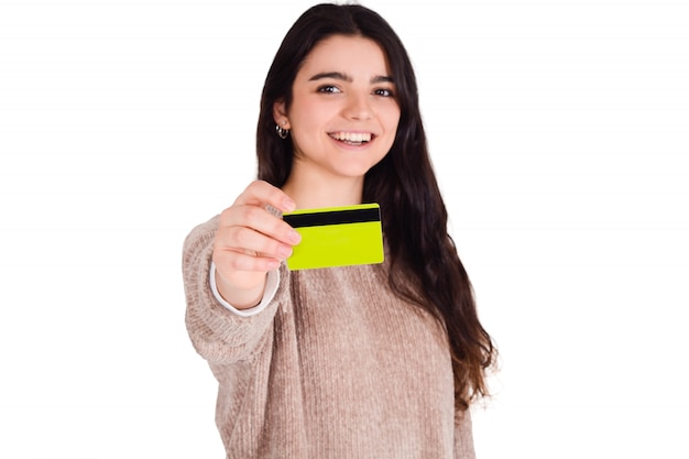 Woman holding credit card.