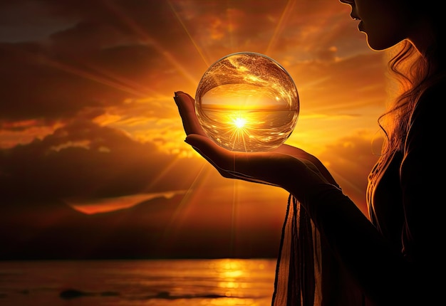 Woman holding a crystal ball on the beach at sunset