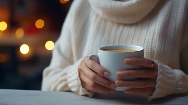 コーヒーのカップを握っている女性