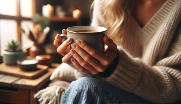 暖かい家でコーヒーを飲んで朝の飲み物を楽しんでいる女性