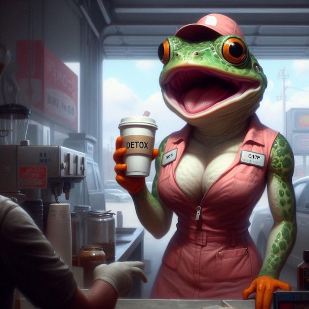 a woman holding a cup of coffee and a frog