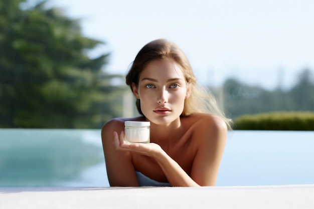 a woman holding a cup of coffee in front of a pool.